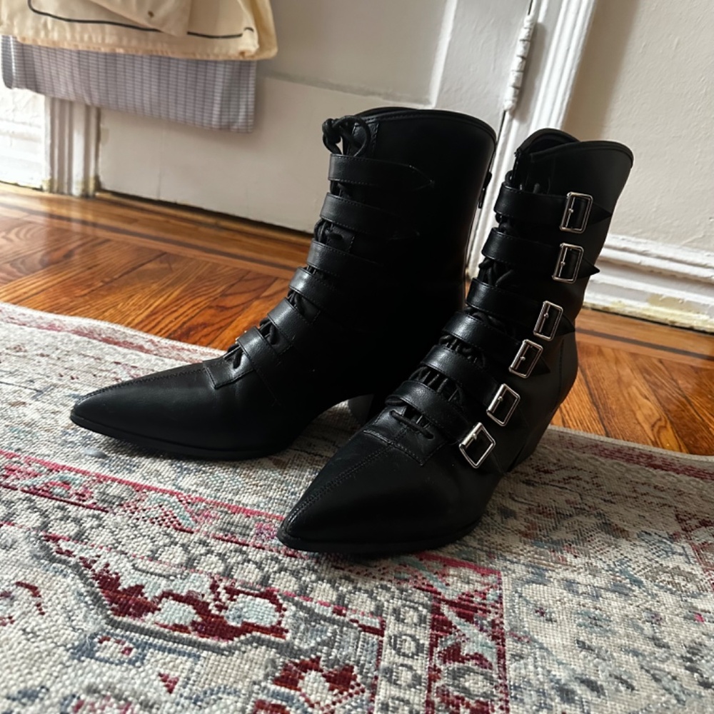 Black Leatherette Buckle Coven StrangeCvlt Boots - Picture 2 of 7